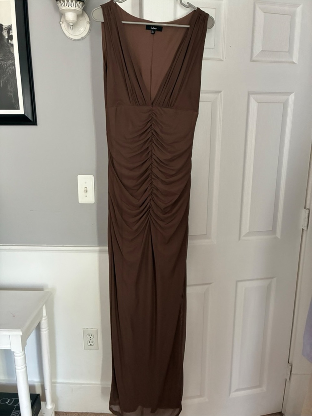Lulu's Brown Ruched Deep V Maxi Dress